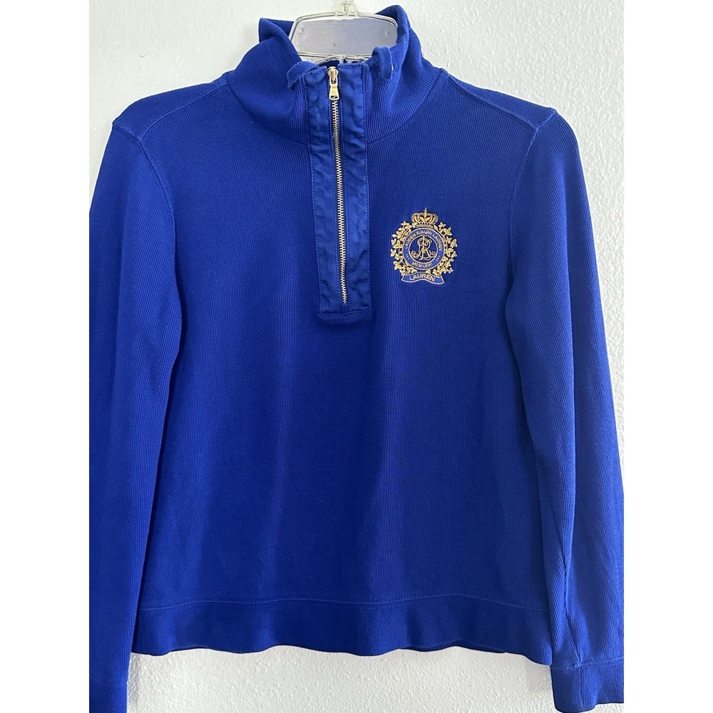Lauren Ralph Lauren Ribbed Quarter Zip Pullover Petite Small Blue Crest Sweater